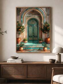 1 Stück Poster mit grüner Tür in Mallorca, abstrakte Boho-Kunst mit türkisfarbener Tür & Orangenbäumen, Festivalgeschenk, geeignet für Schlafzimmer, Wohnzimmer, Küche, Wandkunst, Wanddekoration, Heimdekoration, Raumdekoration, Leinwandwandkunst, Poster, Wandkunst mit Rahmen, optionaler Rahmen - 1 Stück - Übersicht 3