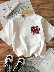 % Cotton [Double-Sided Print], Women's Casual Summer T-Shirt, Vintage Style, Lizard And Flower Print, Round Neck, Short Sleeve, Suitable For All Seasons, Can Be Worn As A Base Layer In Spring And Autumn Or Alone In Summer, Unisex Style,  Thick Cotton Cityboy Style T-Shirt. - 白色 - 查看 3