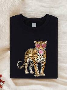 Leopard Bubblegum Sunglasses Shirt, Animal Print T-Shirt, Cheetah Lover Tee, Aesthetic Safari Top, Leopard Graphic Tee SSN-2400 - Black - View 1