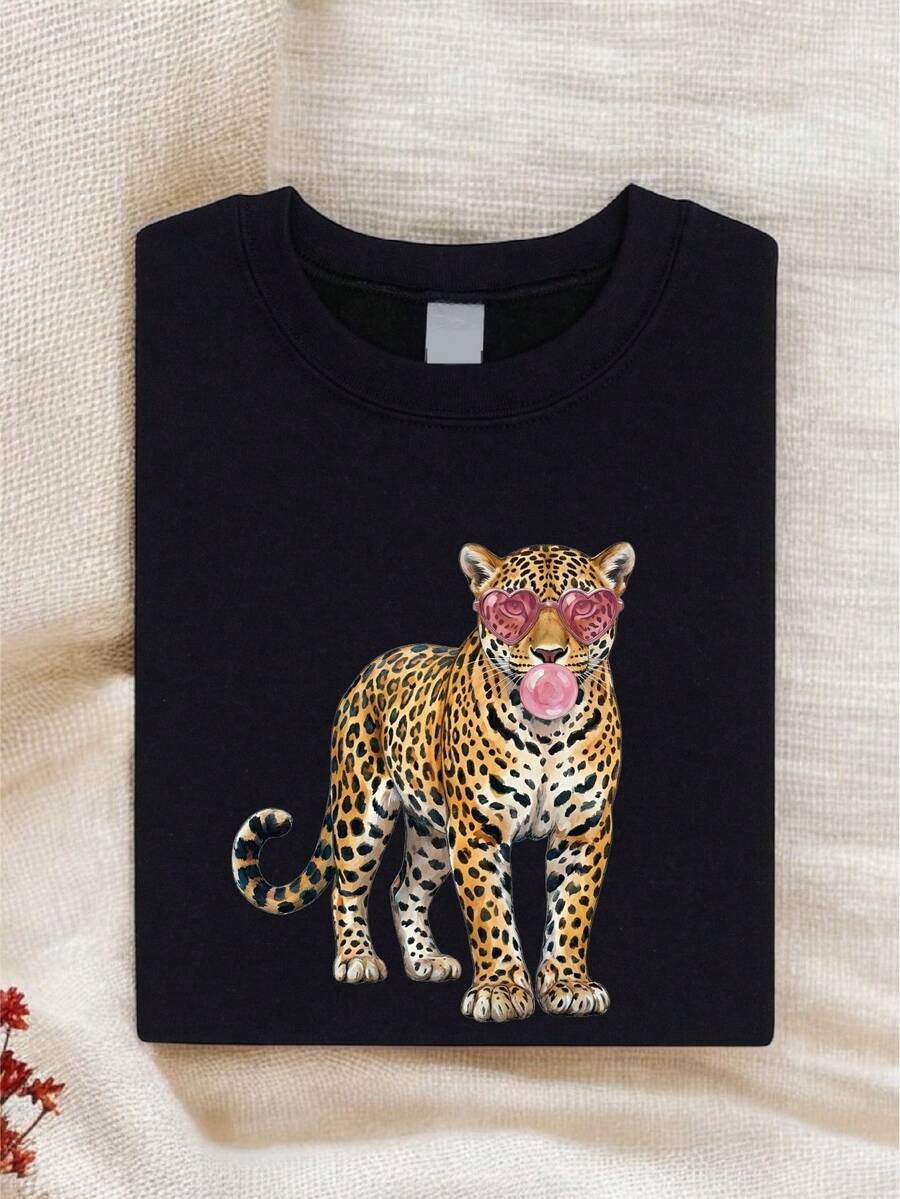 Leopard Bubblegum Sunglasses Shirt, Animal Print T-Shirt, Cheetah Lover Tee, Aesthetic Safari Top, Leopard Graphic Tee SSN-2400 - Black - View 1