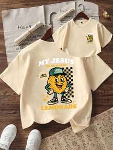 Tween Boy-Cartoon Print T-Shirt, Suitable For Boys Outdoor Sports, Boys Spring/Summer Casual Versatile Top - Apricot - View 5