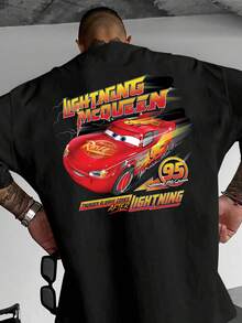 Disney Lightning McQueen Racing Tee, Double-Sided Car Print, Black Base, Streetwear Style For Guys. - 黑色 - 查看 3
