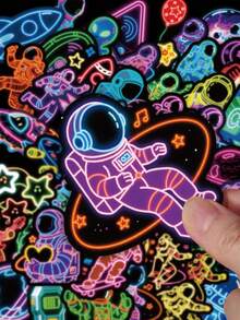 50Pcs Neon Space Astronaut Stickers For Journaling, Neon Stickers Galaxy Decals For Scrapbooking, Bullet Journal, Planner, DIY Crafts & Sci-Fi Collages - Multicolor - View 1