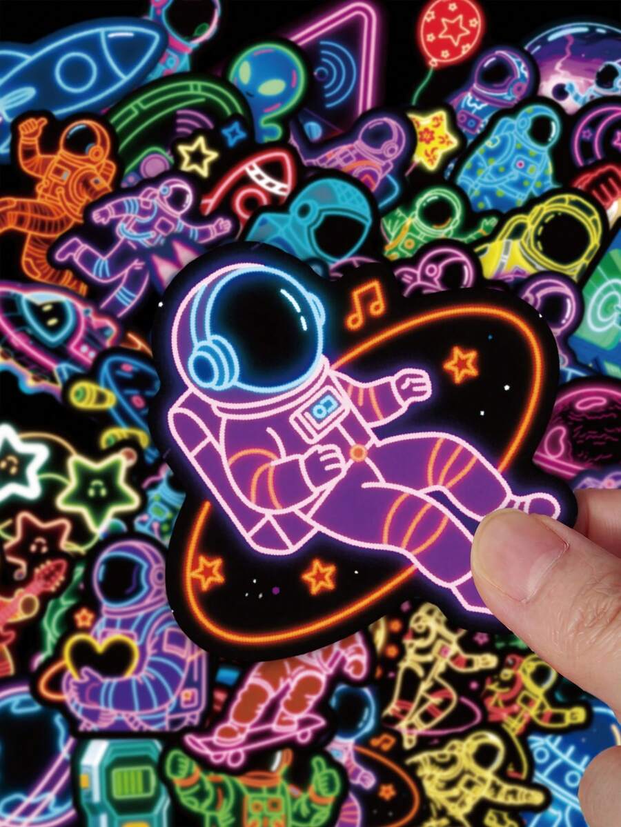 50Pcs Neon Space Astronaut Stickers For Journaling, Neon Stickers Galaxy Decals For Scrapbooking, Bullet Journal, Planner, DIY Crafts & Sci-Fi Collages - Multicolor - View 1