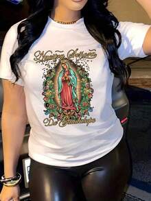 Women's T-Shirt With Christian Faith-Inspired Design - Our Lady Of Guadalupe Prayer Design, Soft Round Neck, Short Sleeve, Casual Style, Breathable And Comfortable For All Seasons, Suitable For Casual Wear And Religious Activities, Spanish Print "De Guadalupe", 100% Cotton - 白色 - 查看 7