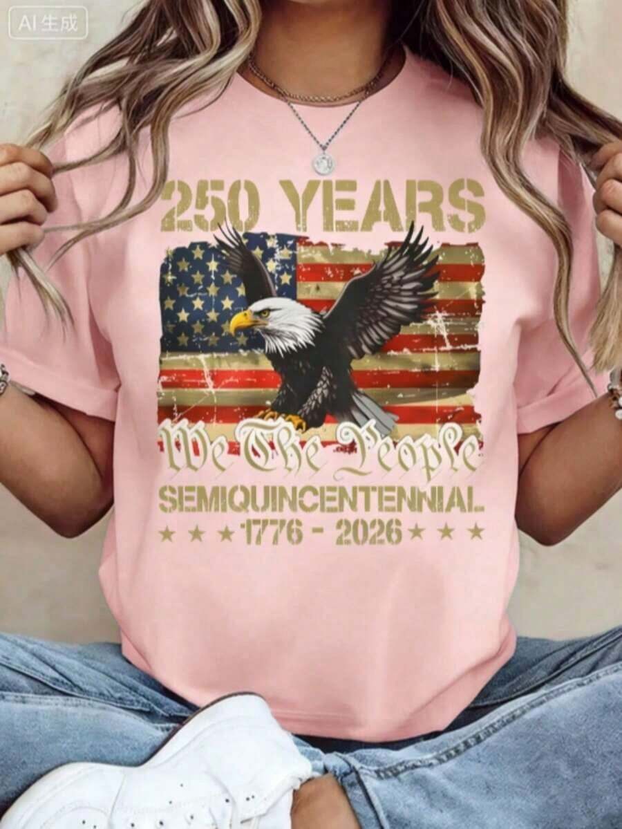 Patriotic Commemorative T-Shirt For The 250th Anniversary Of The United States Independence Day, 250th Anniversary Celebration T-Shirt, Comfortable And Loose-Fitting Casual Everyday Top For Women, Suitable For Events And Parties, 100% Cotton Fabric, Machine Washable - 粉色 - 查看 1