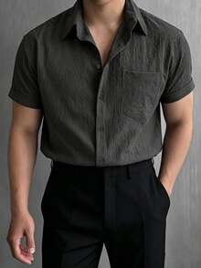 Men's Solid Color Textured Business Casual Shirt - Black - View 2