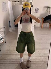 Pantalones cortos casuales de verano para mujer, rectos y sueltos a media pantorrilla - Verde militar - Ver 4