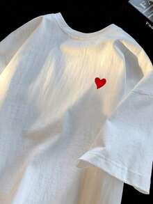 New Lightweight Summer Shirts For Women, Casual Printed Blouses For Ladies, Black Camisole With Red Heart For Men - Soft Everyday Camisole, Machine Washable Summer Shirt, Minimalist Casual Top, Simple Design, Comfortable Fabric, Short Sleeves For Young Adults, Suitable As A Gift. Women's T-Shirt. Elegant Blouses. Boho Chic. Soft, Breathable, And Comfortable Women's Top, Ideal For Spring, Summer, And Autumn, Perfect For Vacations, Travel, And Everyday Wear. - 白色的 - 查看 1