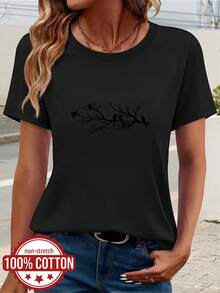 Women's Summer T-Shirt, Round Neck, Short Sleeve, 100% Cotton, Ideal For Daily Outings, Travel And Vacations, Branch And Bird Print, Casual Top, Versatile And Comfortable Fabric - 黑色 - 查看 6