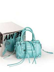 1pc Vintage Distressed Black Patchwork Rivet Studded Metal Tassel Zipper Decor Retro PU Material Belt Decor Rivet Studded Dual Top Handle Adjustable Shoulder Strap Zipper Closure Fashion Retro Sweet Chic Motorcycle Bag Y2K Punk Style Square Handbag For Women, Casual Low-Key Luxury Style Women Crossbody Bag Fits Phone, Card Holder, Suitable For Daily, Travel, Shopping , Punk - 淺藍色 - 查看 8
