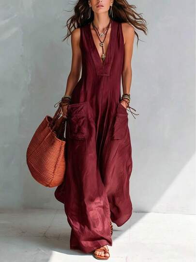 New Solid Color V Neck Sleeveless Loose Wide Leg Jumpsuit Women Casual Commuter Outfit ,Versatile For Daily Wear,Festive Occasions,And Social Gatherings,An Excellent Gift Choice For Partners,Family,And Friends.