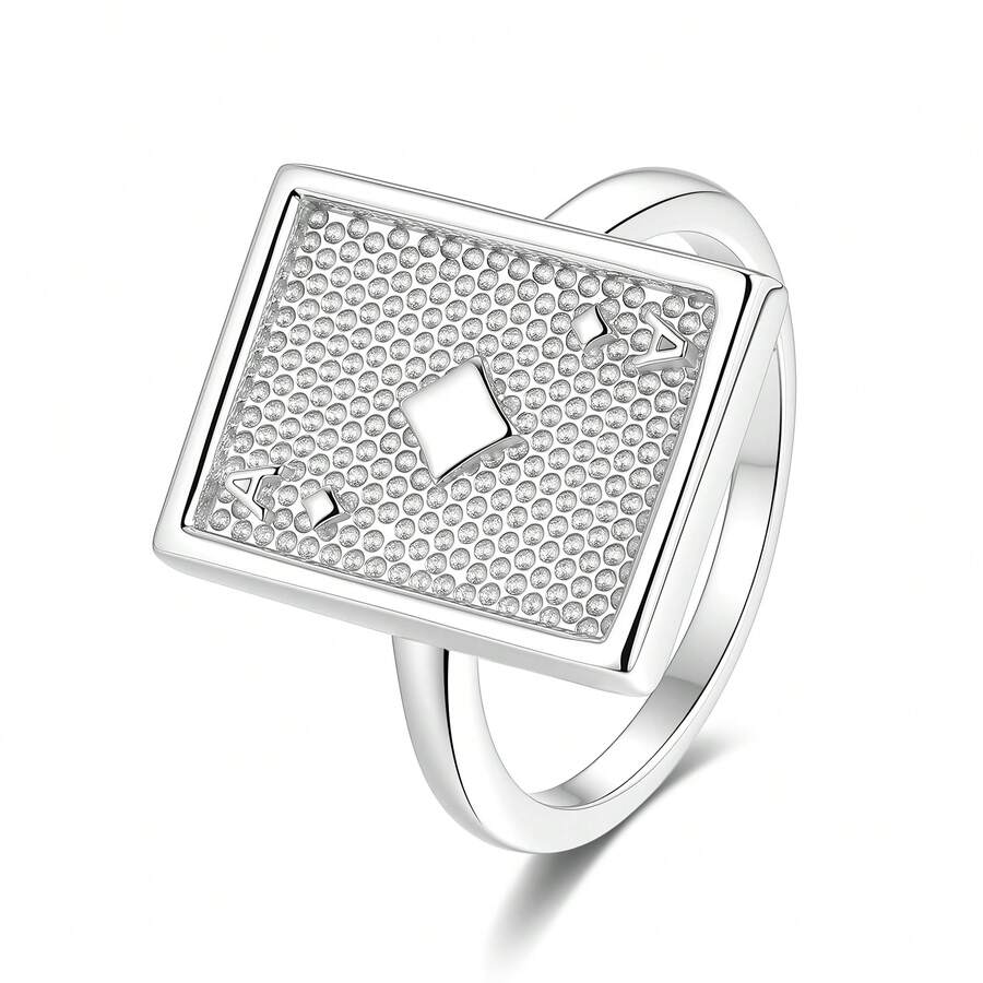 1pc S925 Sterling Silver Square A Poker Ring, Lucky Fortune Ring, 925 Plated With 18K Gold, Hypoallergenic, Suitable For Men And Women, Win Every Gamble - Silver - View 1