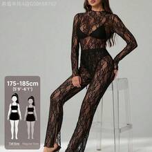 Fengyu Women's Clothing Store Tall Conjunto de body transparente de manga larga con encaje y pantalón transparente, conjunto de verano - Negro - Ver 8