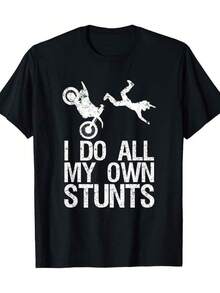 Men's Motocross Graphic T-Shirt "I Do My Own Stunts" - Casual Black Crew Neck T-Shirt With Distressed White Print, Regular Fit, All-Season Comfort, Machine Washable Adult Clothing, Motocross T-Shirt, Adventure Apparel, Bold Geometric Design, Casual Style Shirt - 黑色 - 查看 1