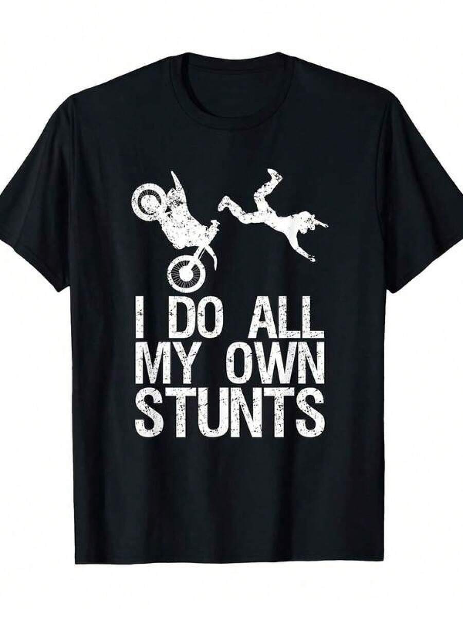 Men's Motocross Graphic T-Shirt "I Do My Own Stunts" - Casual Black Crew Neck T-Shirt With Distressed White Print, Regular Fit, All-Season Comfort, Machine Washable Adult Clothing, Motocross T-Shirt, Adventure Apparel, Bold Geometric Design, Casual Style Shirt - 黑色 - 查看 1