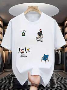 T-shirt imprimé "Let's GO Camping", T-shirts pour hommes, t-shirt à manches courtes décontracté pour l'été - Blanc - Voir 3