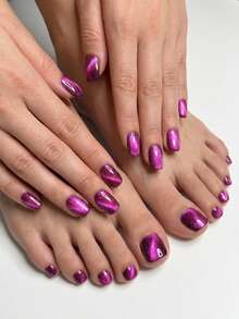 48pcs 48pcs Press On Nails & Toenails Suitable For Beach Parties, Short Square False Nails With Cat Eye, Purple Glitter Tips, Spring Summer Extensions For Hands And Toenails - Lilac Purple - View 2