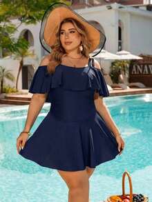 Swim Lushoire Traje de baño talla grande de verano con tirantes ajustables y volantes en corte evasé - Azul marino - Ver 4