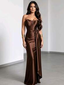 Satin Dress For Parties And Special Occasions, Strapless, Elegant - 鏽棕色 - 查看 5