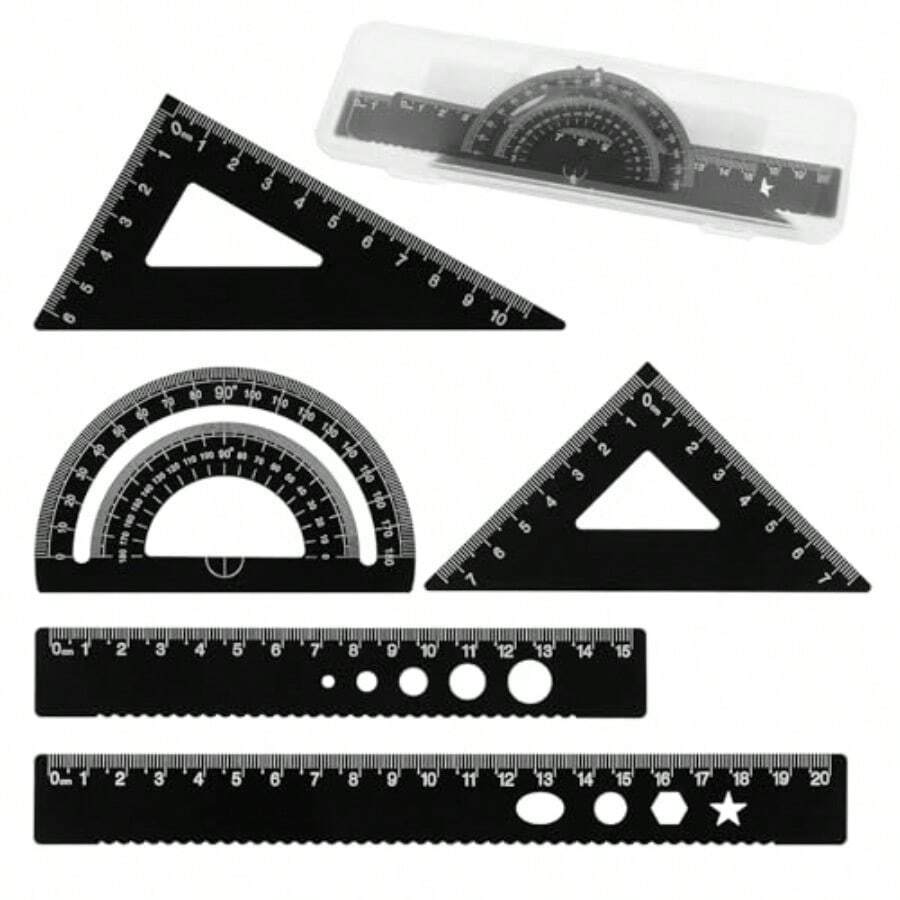 5Pcs Metal Geometry Set, Math Drafting Ruler Kit Aluminum Triangle Rulers Metal Ruler Drafting Tools, Metal Triangular Scale Ruler Set, Protractor, 6/8 Inches Drawing Ruler For Architect Engineer - Black - View 1
