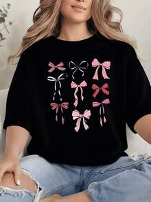 A Series Of Pink Ribbons Symbolizing Elegance, Tenderness, And Femininity, Creating A Feeling Of Lightness And Charm. A Comfortable, Modern, Casual Women's T-Shirt For Everyday Wear. - 黑色 - 查看 8