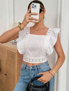 Camisa de verano elegante y estilizadora de cuello cuadrado con rayas tejidas para mujer - Blanco - Ver 4