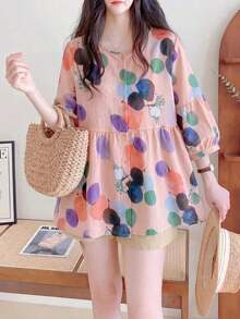 YUXIN ¡Artículo imprescindible para las vacaciones de primavera/verano! Blusa holgada tipo babydoll para mujer, con estampados coloridos y puños con volantes únicos, diseño de manga 3/4 para un uso talla grande fresco, ¡a la moda y cómoda! - Rosa - Ver 12