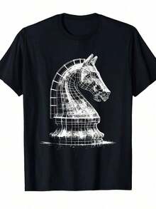 Knight Chess Figure 3D Wireframe Vintage Chess Game Lover T Shirt - Black - View 5