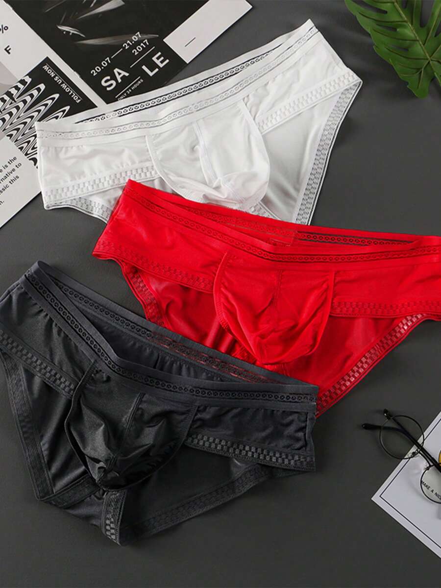 3-Pack Men's Sexy Triangle Briefs (Random Colors) - Comfortable Breathable Fabric, High Elasticity, Ideal For Casual Wear, Outdoor Sports & Indoor Fitness Men's Lace Trim Low-Rise Briefs, Breathable Ice Silk Sexy Underwear, Comfortable Solid Color Panties Machine Washable Great Gift For Men, Christmas, Holiday Ideal Valentine's Day, Anniversary, Birthday, Wedding, Father's Day Gift For Boyfriend, Husband, Him, Perfect For Fitness Guys - 隨機3 - 查看 1