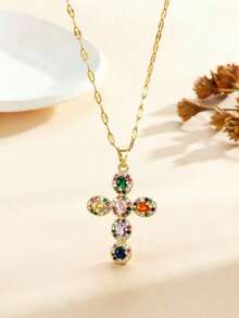 1pc Colorful Sparkling Multi-Color Cubic Zirconia Cross Pendant Necklace In Stainless Steel For Women, Suitable For Daily Wear, Women's Gold Necklace, Stainless Steel Jewelry, Jesus, Easter - Yellow Gold - View 1