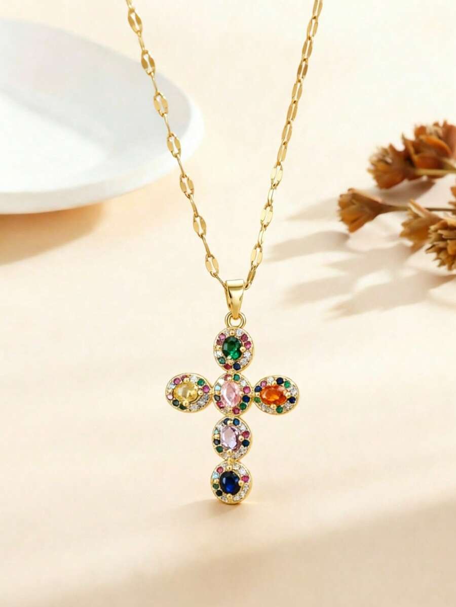 1pc Colorful Sparkling Multi-Color Cubic Zirconia Cross Pendant Necklace In Stainless Steel For Women, Suitable For Daily Wear, Women's Gold Necklace, Stainless Steel Jewelry, Jesus, Easter - Yellow Gold - View 1