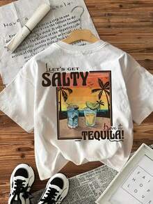 % Cotton [Double-Sided Print], Fashionable Women's Spring/Summer Top, Casual Beach Style, Vintage, Cocktail, Beach, LET'S GET SALTY Love It TEQUILA! Print, Round Neck, Short-Sleeved Women's T-Shirt, Suitable For All Seasons, Can Be Worn As A Base Layer In Spring And Autumn, Can Be Worn Alone In Summer, Unisex Style, Urban Style, Modern High-Strength Cotton Top. - 白色 - 查看 2