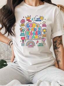 Women's T-Shirts With Cartoon Letter Print, Short Sleeve T-Shirt With Round Neck, Casual Top For Spring And Summer, Women's Clothing, Casual Blouses For Ladies. - 白色 - 查看 1
