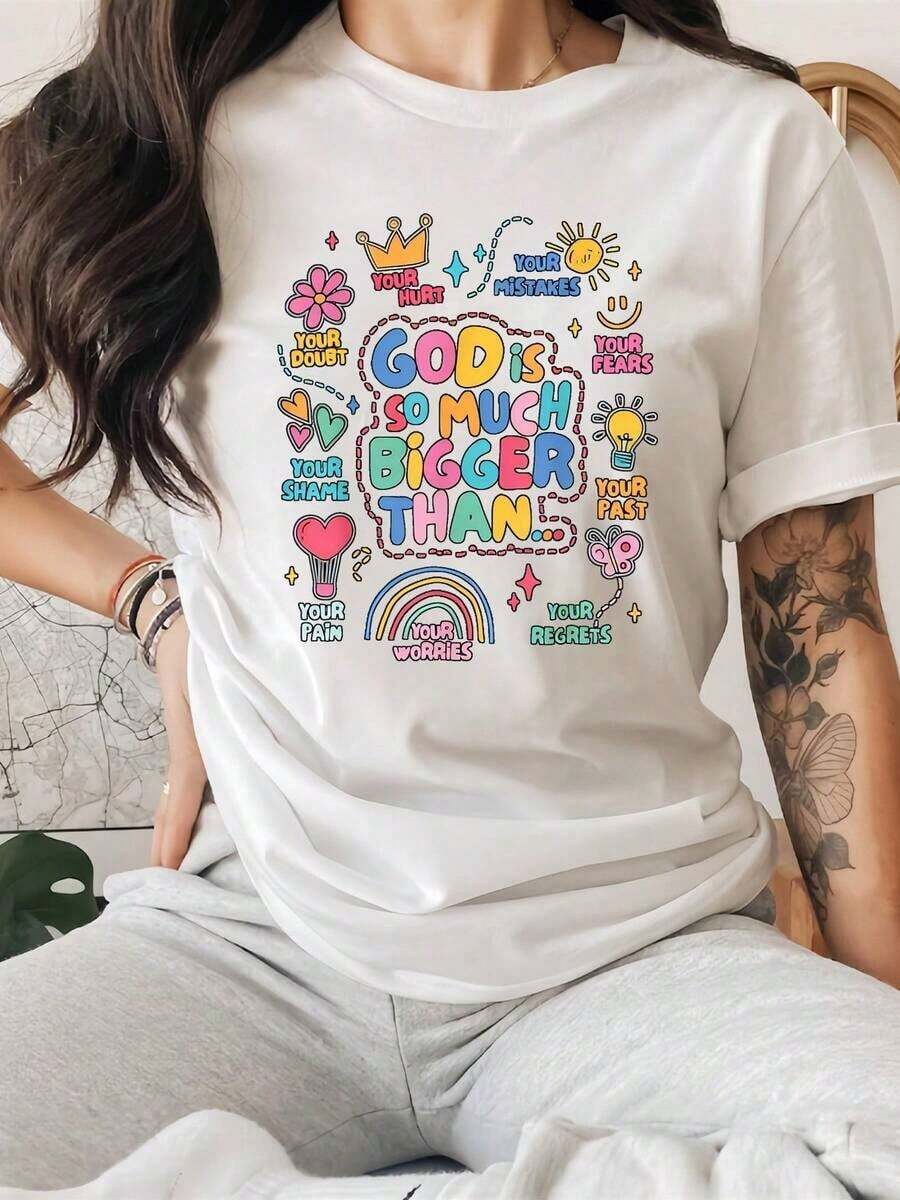 Women's T-Shirts With Cartoon Letter Print, Short Sleeve T-Shirt With Round Neck, Casual Top For Spring And Summer, Women's Clothing, Casual Blouses For Ladies. - 白色 - 查看 1
