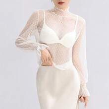 Women's Slim Black Lace Shirt, Spring-Autumn, Sexy, High Neck, Long Sleeve, Fitted, With Crochet Patches, Fashion Blouse - 2SZWB058-白色 - 查看 4