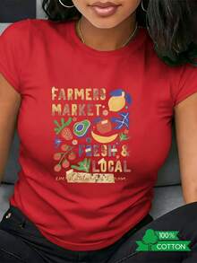 New 2026 Collection: Cotton T-Shirt With Anime Letter Print, Women's Round Neck T-Shirt With A Simple Design, Comfortable And Breathable, Suitable For Casual Daily Wear, Showcasing A Refreshing Summer Style, A Must-Have For Parties, Local Shipping, With The Text FARMERS MARKET And LOCAL. Lightweight Cotton. - 紅色 - 查看 12