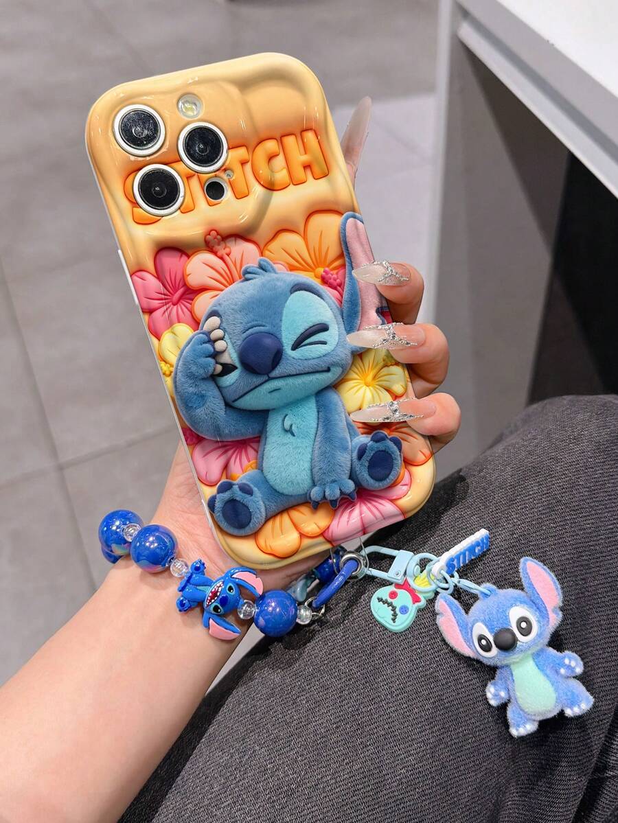 Disney Has Authorized, Phone Case - Chain Set, The Stitch Lilo & Stitch 3D Phone Case Plus A Silicone 3D Stitch Bracelet With Metallic Ring Removable Bracelet, Stitch And Angel Pattern, Compatible With Iphone17/16/15/14/13/12/11/XS/XR/X Plus Pro Max, A Stylish Cartoon Phone Case, The Perfect Gift Choice, Phone Protection, Durable Phone Cover, Great Gift For Friends And Family. - trắng - Xem 1