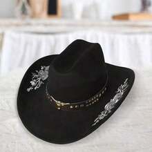 Women Men Embroidery Cowgirl Hat Wide Brim Cattle Head Belted Wool Hat Felt Jazz Cap For Party - màu đen - Xem 6