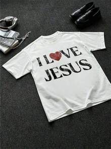 Men's 100% Cotton T-Shirt With Distressed "I Love Jesus" Graphic Print, Perfect For Everyday Wear By Christian Men, It's An Ideal Gift Option. - 白色 - 查看 2