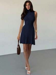 AYYAloruh Vestido de punto acanalado de línea A sin mangas con cuello mínimo para mujerAYY - Azul marino - Ver 3