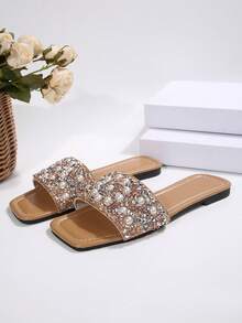 Sandalias planas de lujo para mujer Primavera/Otoño 2024, tacón bajo antideslizante, talla grande, con strass, chanclas versátiles - Albaricoque - Ver 7