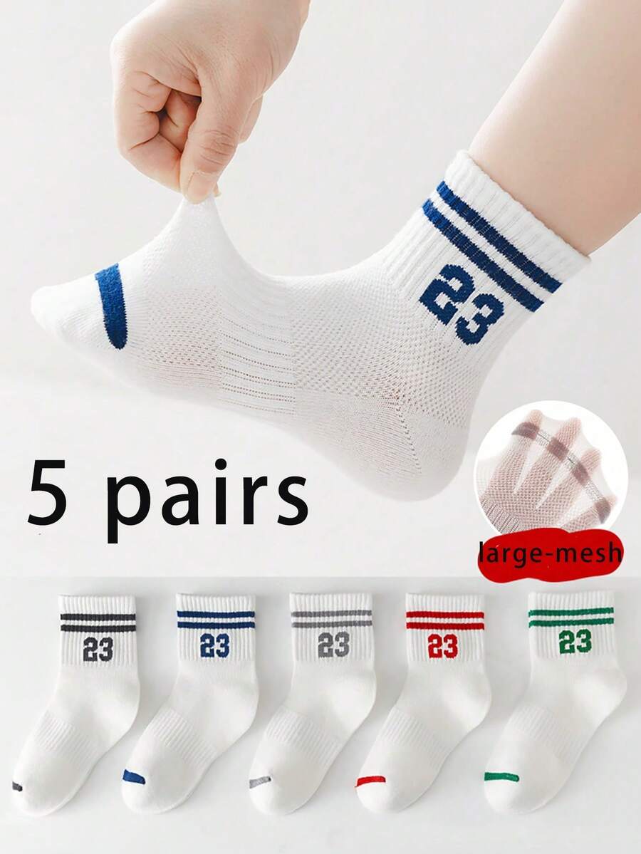 5 Pairs Kids' Numeric Striped Minimalist Mid-Calf Socks, Suitable For Students Everyday Casual Wear, All Seasons - Multicolor - View 1