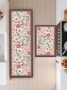 1pc Soft Rubber Water-Absorbing Kitchen Mat, 3.5mm Thick Absorbent Rug For Large Or Small Area, Vintage French Floral Design Silicone Rug With Retro Handpainted Flowers On Beige Background, Accented By Burgundy Geometric Borders, White And Pink Blooms With Green Leaves, Delicate And Pastoral For Room Decor - Multicolor - View 2