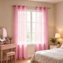 Set Of 2 Solid Color Sheer Curtains, Lightweight Light Filtering Curtains With Grommets, Semi-Transparent Curtains For Bedroom, Living Room, Patio And Outdoor Use - 粉色 - 查看 2