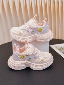 1雙女孩可愛花卉裝飾運動鞋，春季新品，秋季，四季通用學生鞋，女孩粉色網面鞋，厚底運動鞋 - 粉色 - 查看 6