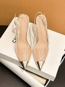 Xin Jing Shoes 女士高跟鞋，新款时尚百搭尖头透明婚宴鞋，优雅通勤无后跟细高跟鞋 - 金色 - 查看 12