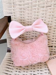 New 3D Rose Tulle Underarm Bag With Bow Handle, Gentle Style Small Bag For And Commuting - Pink - View 9