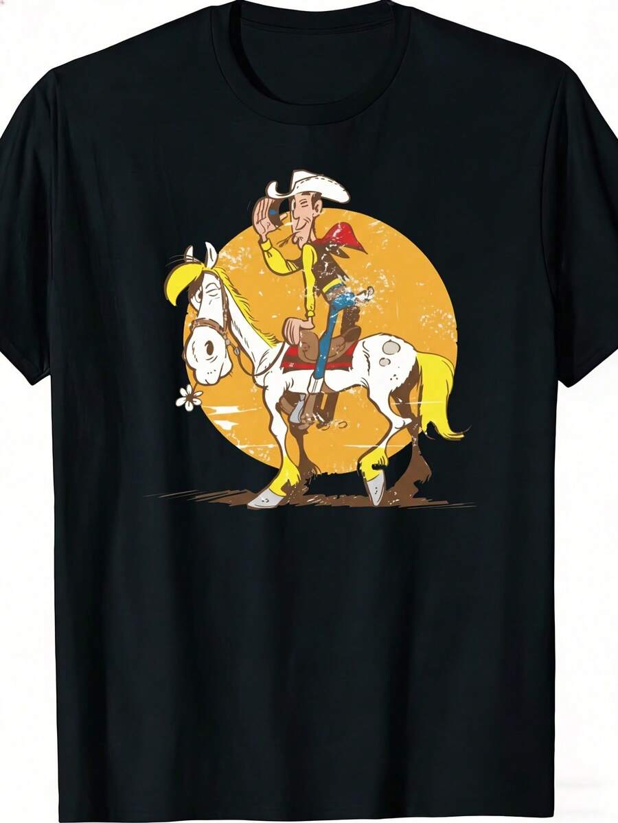 Camiseta Vintage Western Horseshoe & Luke de LuckysLuke para Hombre - 100% Algodón, Cuello Redondo Casual, Manga Corta con Estampado Icónico de Horseshoe Luke, Lavable a Máquina, Ideal para Fans de Luke, Ropa Western para Atuendos Casuales y Eventos Temáticos - Negro - Ver 1