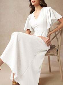 Vestido de verano de longitud de muslo con abertura, frente con botones y mangas mariposa elegante para mujer - Blanco - Ver 6
